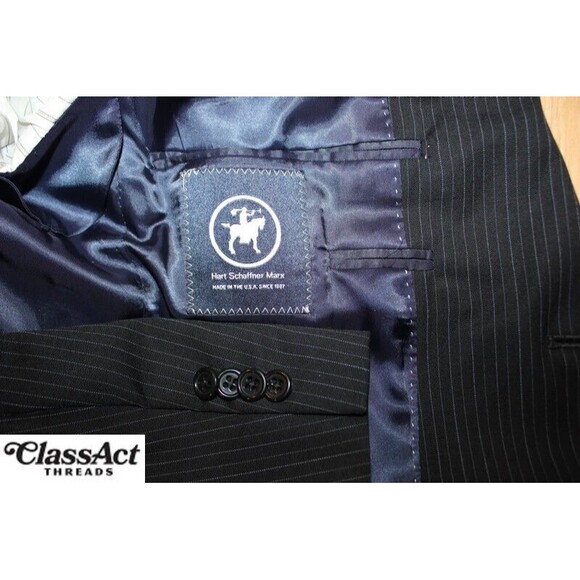 Hart Schaffner Marx 2 Piece Suit Black Striped Wool 40R Pleated Fronts 35" W - Picture 10 of 10